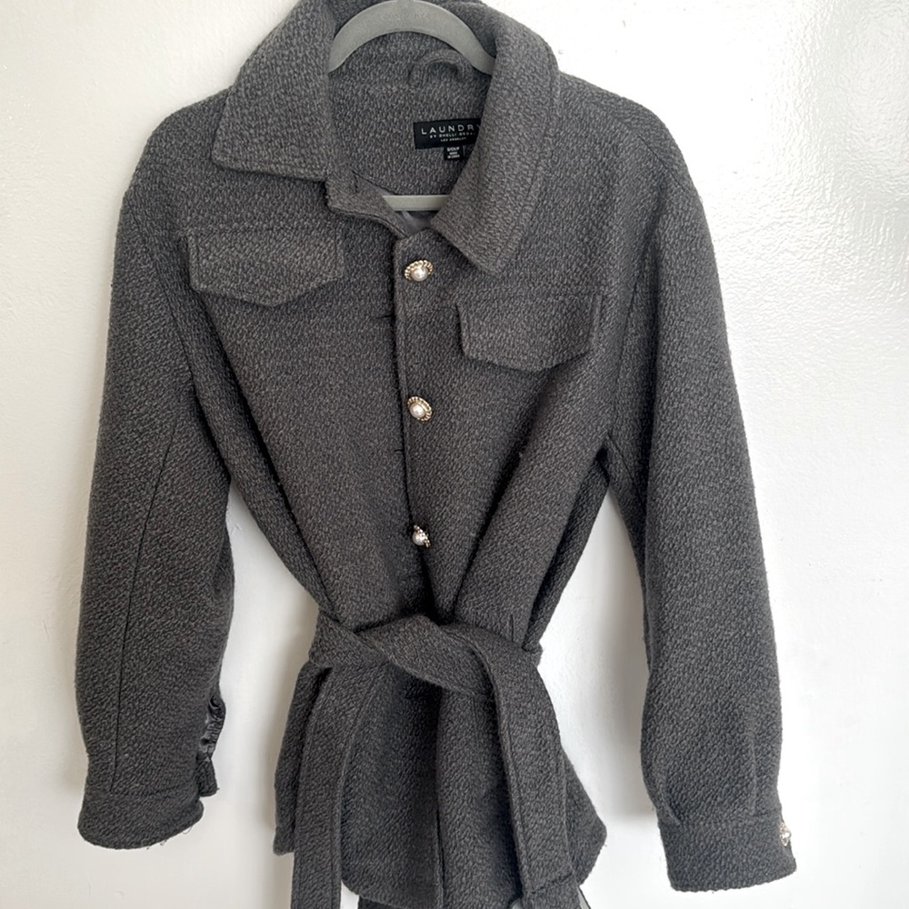 Gray winter coat size, small pearl buttons